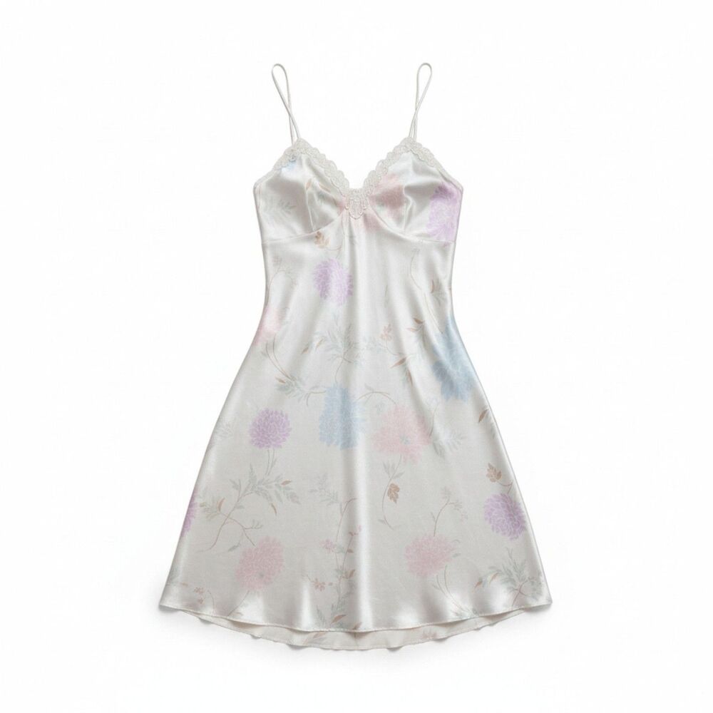 Vintage America Satin Chemise S White Floral Lace Nightie Sleepwear Coquette